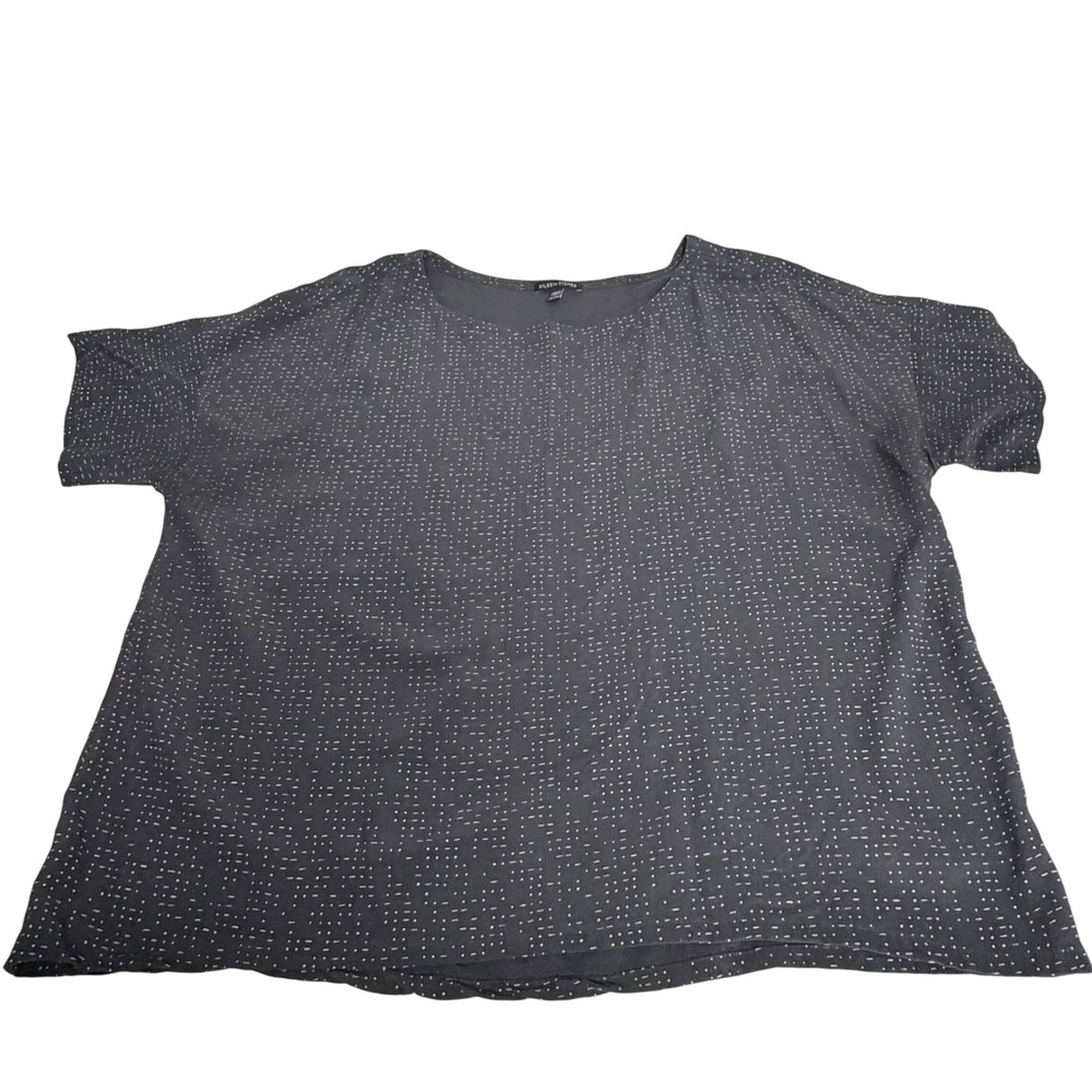 Eileen Fisher Womens XL Black Dotted Tencel Viscose Short Sleeve Boxy Blouse Top